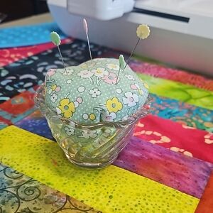 Floral Pin Cushion in Vintage Glass Holder